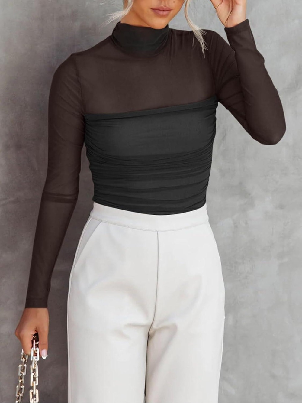 Reoria Veil of Night Ruched Sheer Turtleneck Bodysuit - Picture 2 of 11